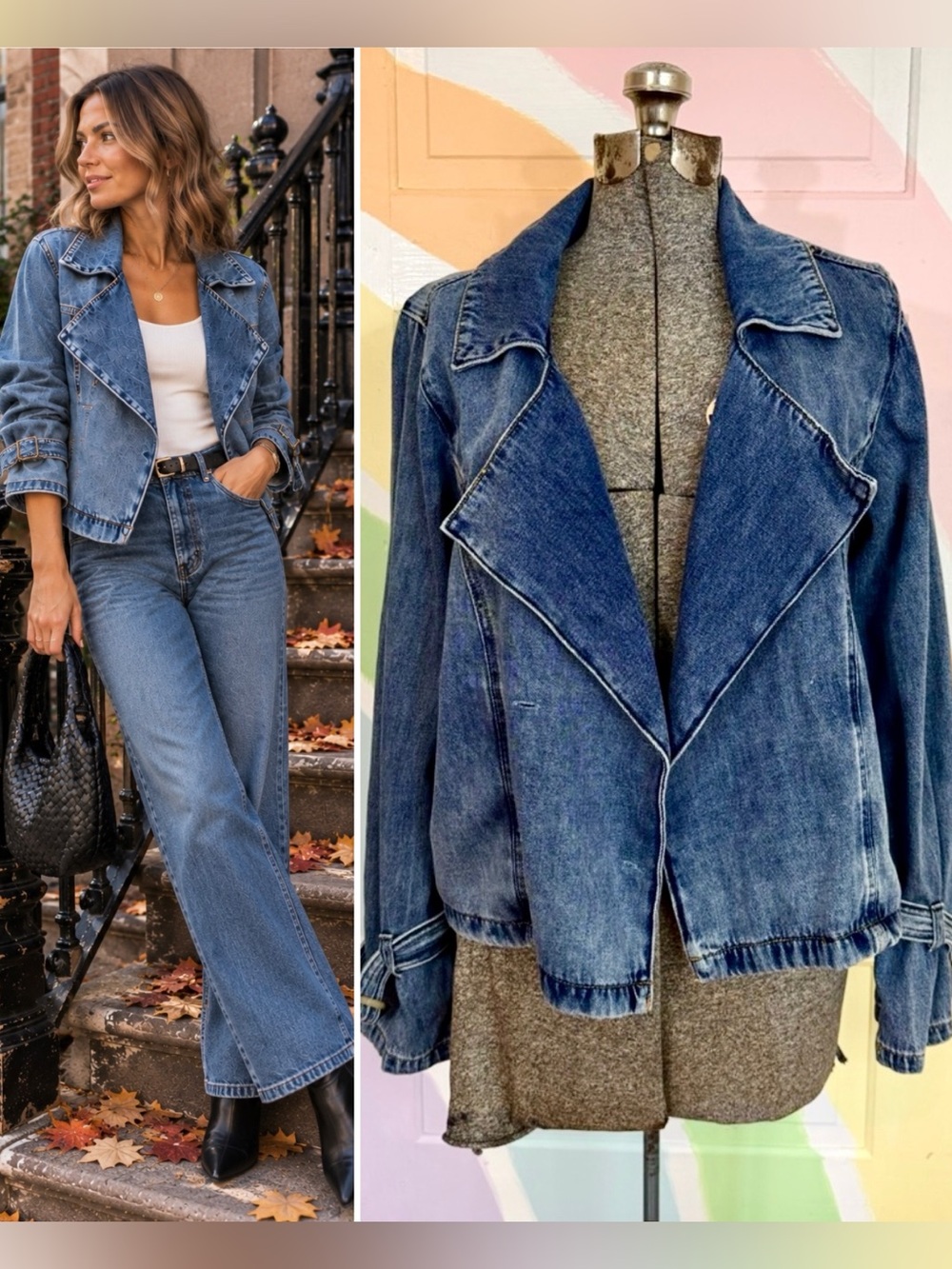 Habitual Wide Draped Lapel Denim Jacket Buckle Cuffs Medium Wash Sz M 💛🍄